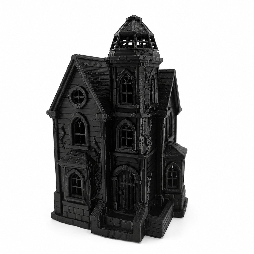 Blackthorn Manor 3D-printed haunted mansion unlit in a front three-quarter view