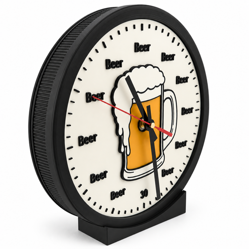 Assembled Beer Clock on its included stand, showing the black ribbed frame and raised artwork