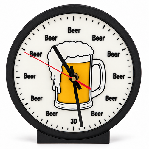 Assembled Beer Clock on its included desktop stand, shown unlit from the front