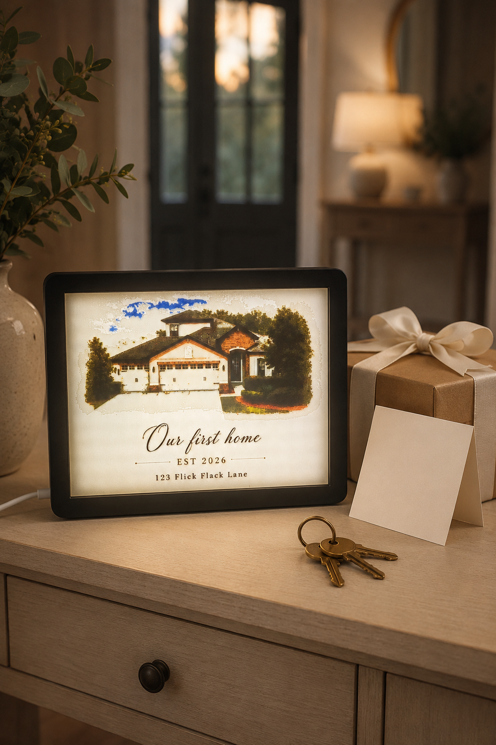 Custom new-home lithophane picture frame presented as a realtor closing gift