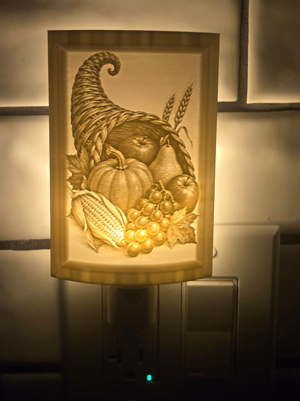 Cornucopia lithophane motion-sensor night light with a harvest basket and autumn produce