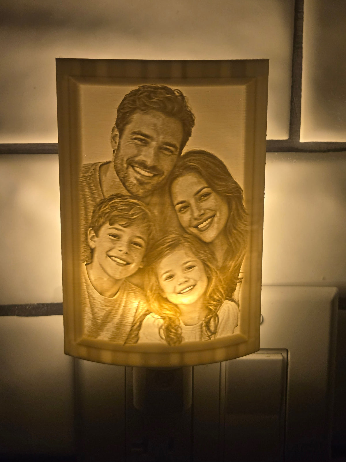 Custom Photo lithophane motion-sensor night light showing an illuminated family portrait example