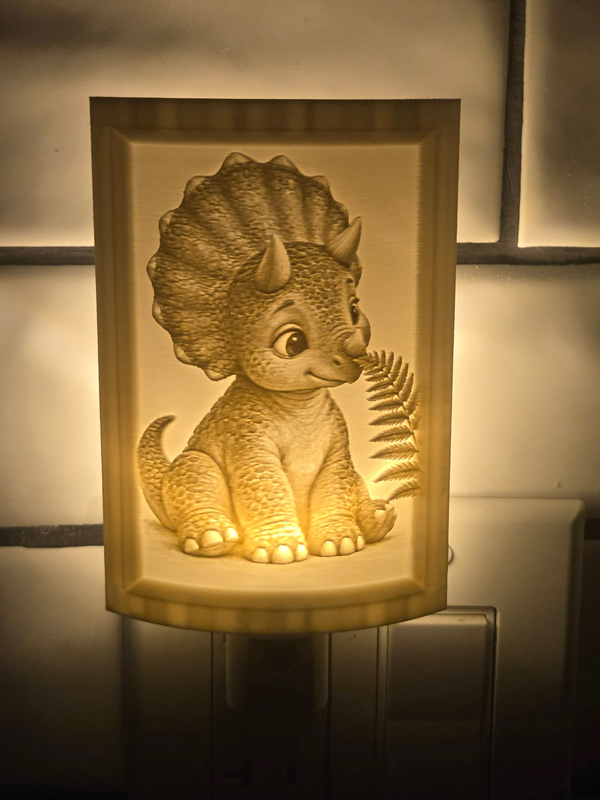 Nursery Dinosaur lithophane motion-sensor night light featuring a baby triceratops