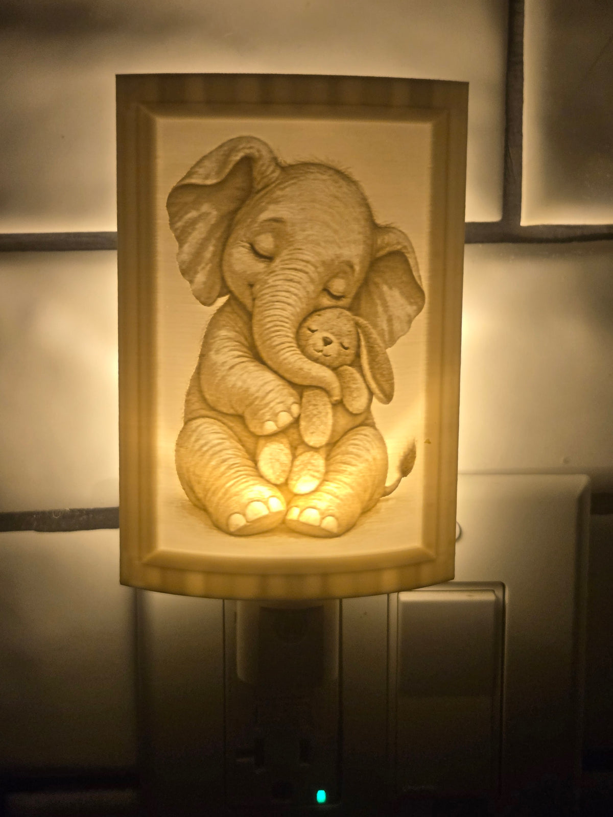Nursery Elephant lithophane motion-sensor night light featuring a sleepy baby elephant with a bunny