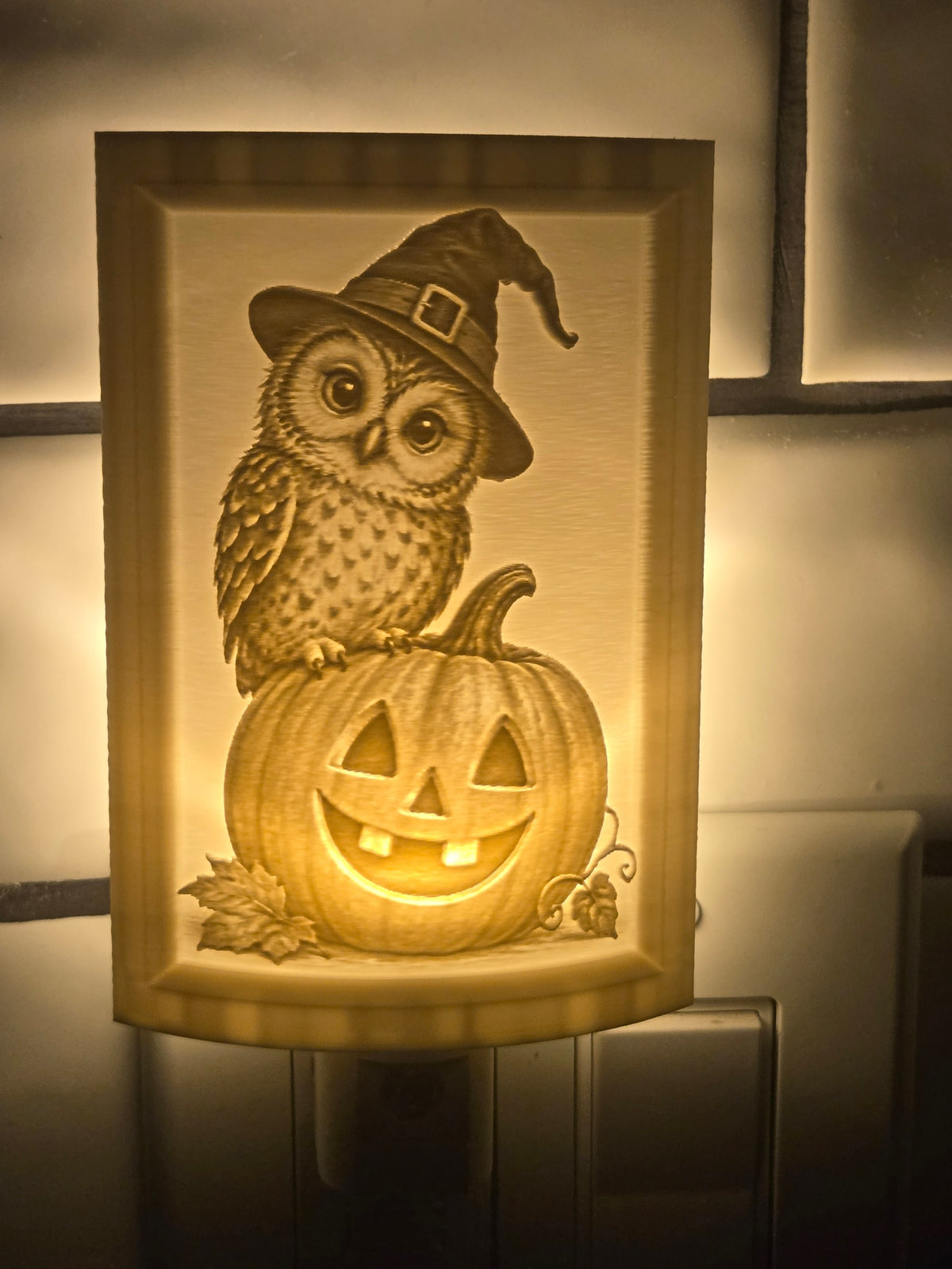 Pumpkin lithophane motion-sensor night light featuring an owl above a glowing jack-o-lantern