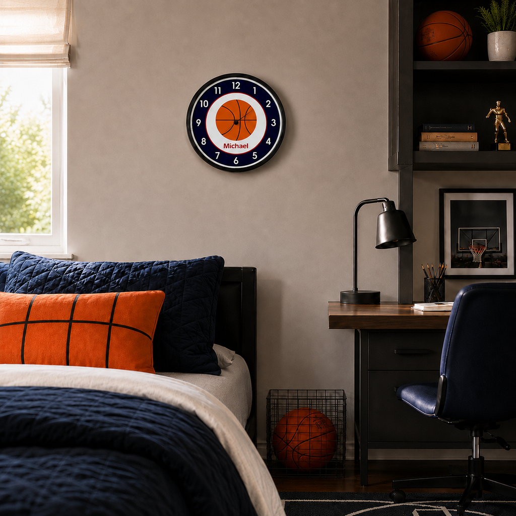 Personalized basketball Layerform modular wall clock in a coordinated youth bedroom