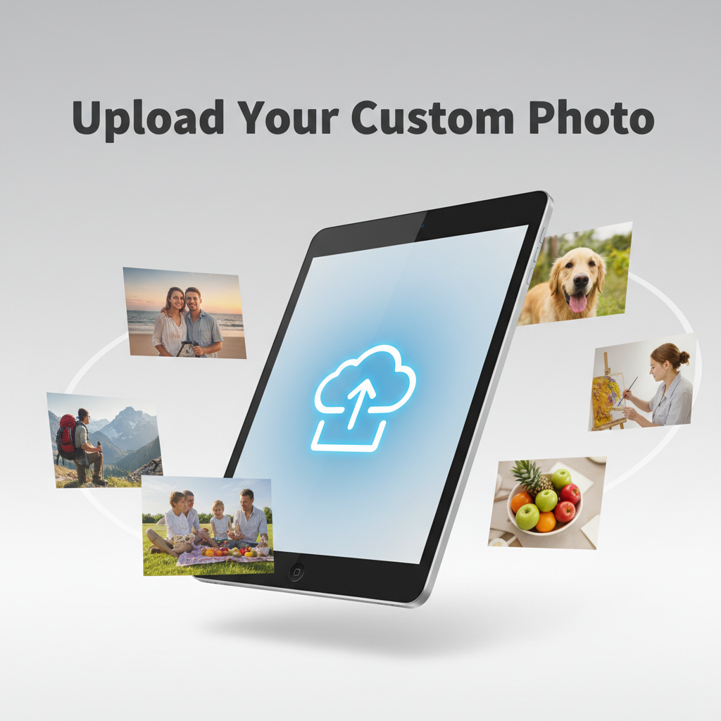 Upload Your Custom Photo graphic showing a tablet and sample pictures for the custom lithophane night light